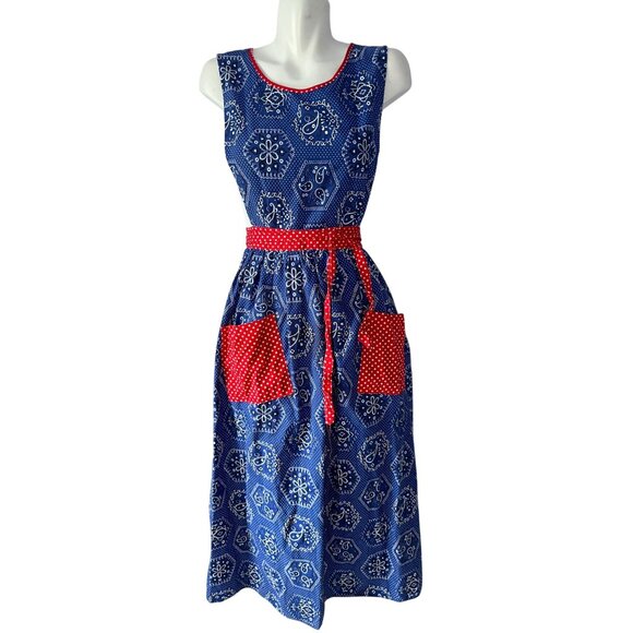 Vtg 60s 70s Design House Pinafore Apron Wrap Dress Patchwork Boho Bandana Print - Picture 1 of 6